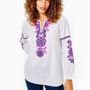 Lilly Pulitzer Coretta Tunic Top Long Sleeve Shirt Resort White Size Small